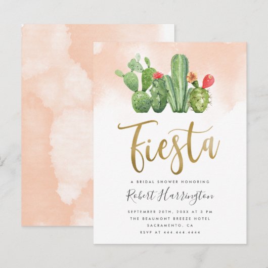 Blush Waterverf en Cactus Fiesta Vrijgezellenfeest Uitnodiging Briefkaart (Voorkant / Achterkant)
