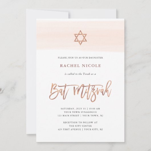 Blush-Waterverf | Faux Roos Gold Bat Mitzvah Kaart (Voorkant)
