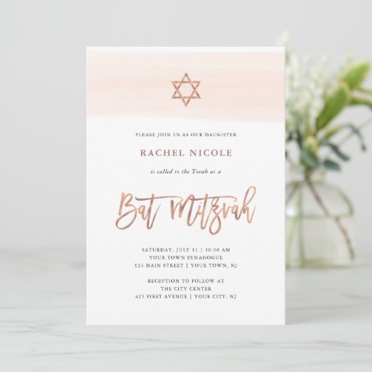 Blush-Waterverf | Faux Roos Gold Bat Mitzvah Kaart (Staand voorkant)