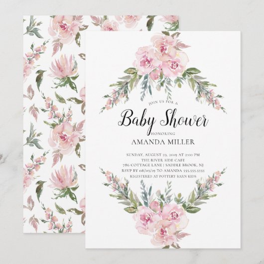 Blush Waterverf Floral Baby shower Kaart (Voorkant / Achterkant)