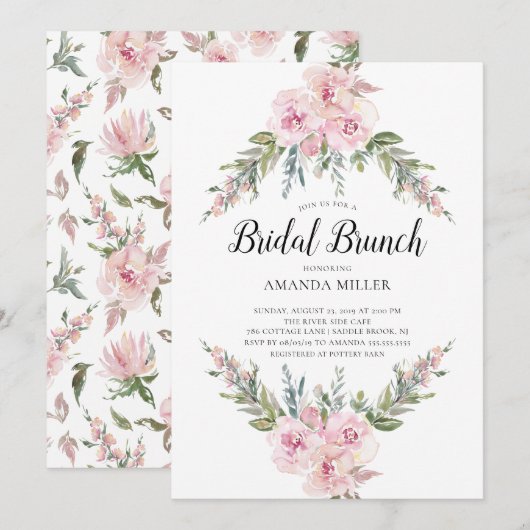 Blush Waterverf Floral Bridal Brunch Kaart (Voorkant / Achterkant)