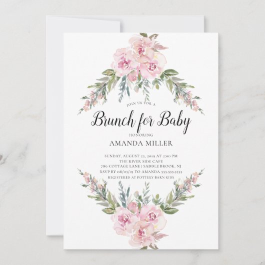 Blush Waterverf Floral Brunch voor Baby shower Kaart (Voorkant)