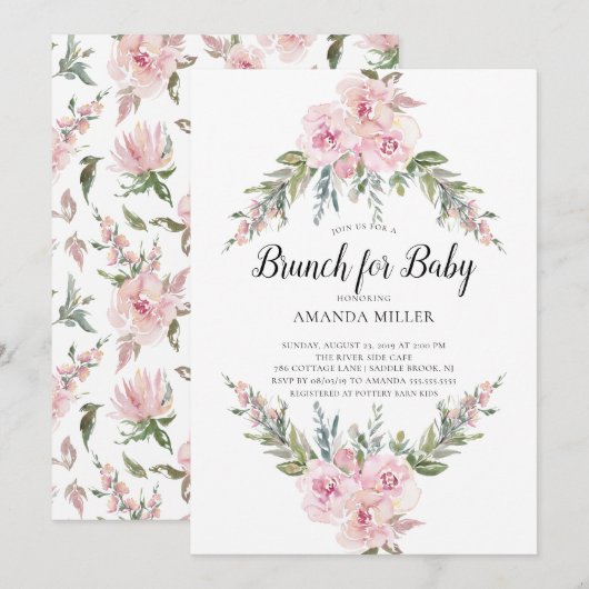 Blush Waterverf Floral Brunch voor Baby shower Kaart (Voorkant / Achterkant)