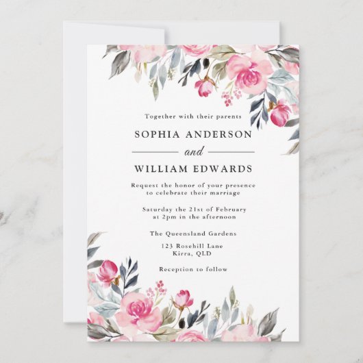 Blush Waterverf Floral Greenery Elegant Wedding Kaart (Voorkant)