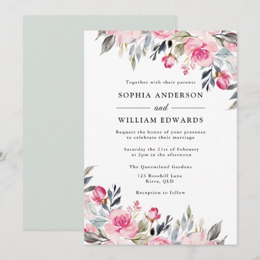 Blush Waterverf Floral Greenery Elegant Wedding Kaart (Voorkant / Achterkant)