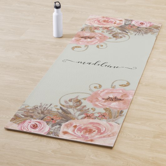 Blush Waterverf Floral Sage Green Name Script Yogamat (In situ)