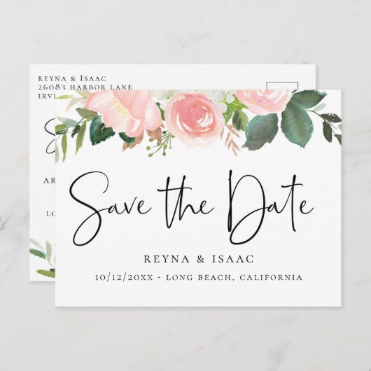 Blush Waterverf Floral Save the Date Aankondigingskaart (Voorkant / Achterkant)