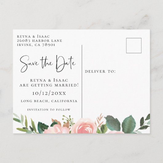 Blush Waterverf Floral Save the Date Aankondigingskaart (Achterkant)
