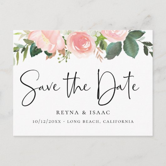 Blush Waterverf Floral Save the Date Aankondigingskaart (Voorkant)