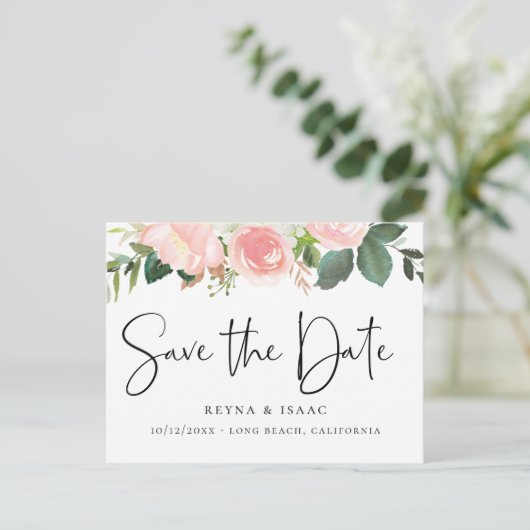 Blush Waterverf Floral Save the Date Aankondigingskaart (Staand voorkant)