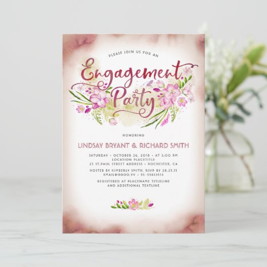 Blush Waterverf Floral Script Engagement Party Kaart (Staand voorkant)