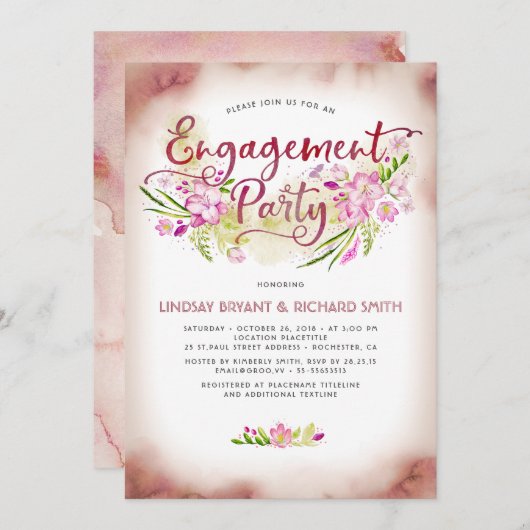 Blush Waterverf Floral Script Engagement Party Kaart (Voorkant / Achterkant)