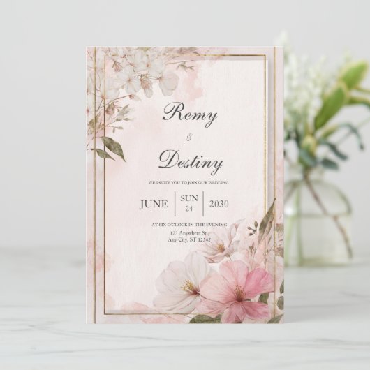 Blush Waterverf Floral Wedding Kaart (Staand voorkant)