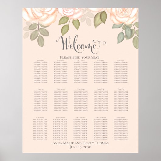 Blush Waterverf Floral Wedding Seating Chart Poster (Voorkant)
