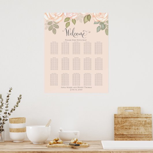 Blush Waterverf Floral Wedding Seating Chart Poster (Keuken)