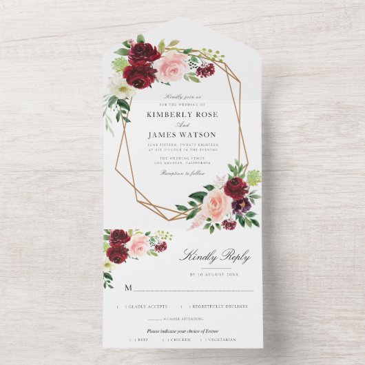 Blush waterverf florale geometrie all in one uitnodiging (Binnen)