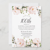 Blush Waterverf Flowers 100th Birthday Party Kaart (Voorkant)