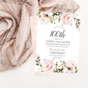 Blush Waterverf Flowers 100th Birthday Party Kaart