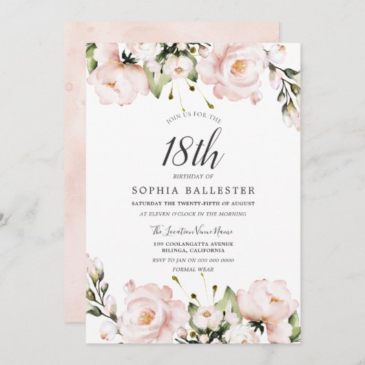 Blush Waterverf Flowers 18th Birthday Party Kaart (Voorkant / Achterkant)