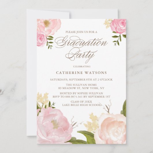 Blush Waterverf Flowers Afstuderen Uitnodiging (Voorkant)