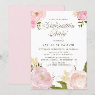 Blush Waterverf Flowers Afstuderen Uitnodiging