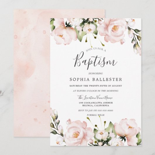 Blush Waterverf Flowers Baby Girl Baptisme Kaart (Voorkant / Achterkant)