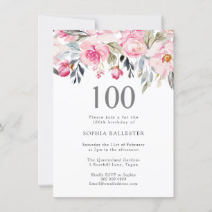 Blush Waterverf Flowers Elegant 100th Birthday Kaart
