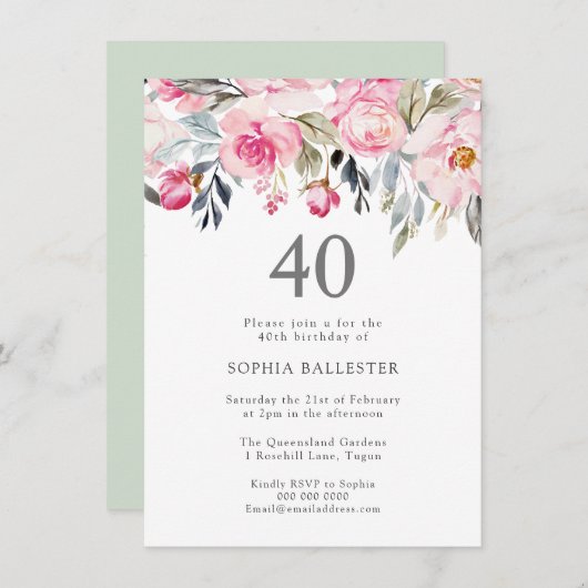 Blush Waterverf Flowers Elegant 40th Birthday Kaart (Voorkant / Achterkant)