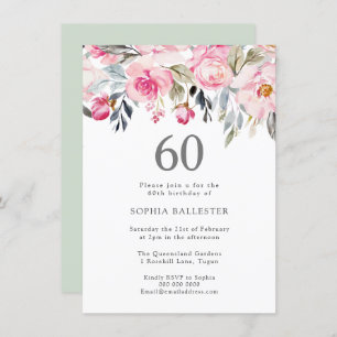 Blush Waterverf Flowers Elegant 60th Birthday Kaart