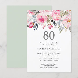 Blush Waterverf Flowers Elegant 80th Birthday Kaart