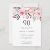 Blush Waterverf Flowers Elegant 90th Birthday Kaart (Voorkant)