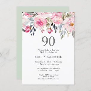 Blush Waterverf Flowers Elegant 90th Birthday Kaart