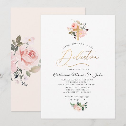 Blush Waterverf Flowers Faux Gold Dedication Kaart (Voorkant / Achterkant)