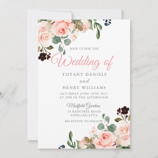 Blush Waterverf Flowers Moderne bruiloft design Kaart (Voorkant)