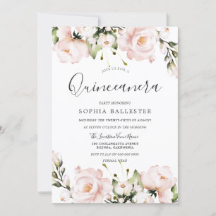 Blush Waterverf Flowers Quinceanera 15th Party Kaart