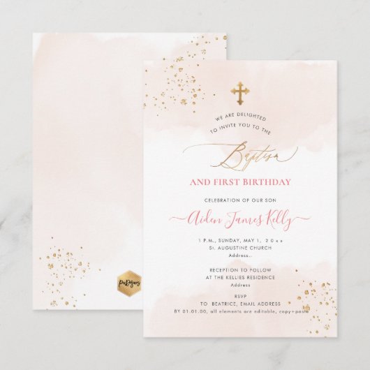 Blush Waterverf Gold Baptism + 1e verjaardag Kaart (Voorkant / Achterkant)