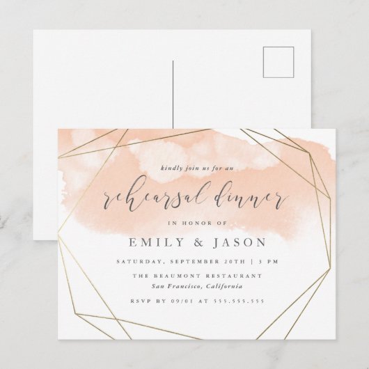 Blush Waterverf Gold Geometric Rehearings Dinner Uitnodiging Briefkaart (Voorkant / Achterkant)
