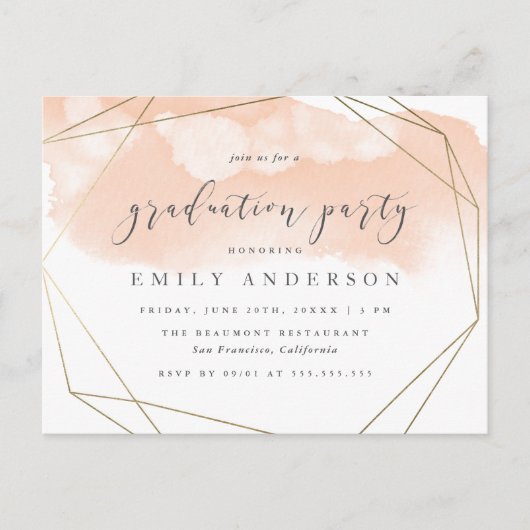 Blush Waterverf Gold Geometrische Graduation Party Uitnodiging Briefkaart (Voorkant)