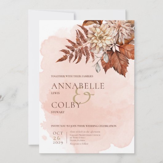 Blush Waterverf najaar moderne huwelijksuitnodigin Kaart (Voorkant)
