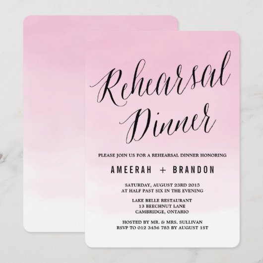 Blush Waterverf Ombre Rehearsal Dinner Invitation Kaart (Voorkant / Achterkant)