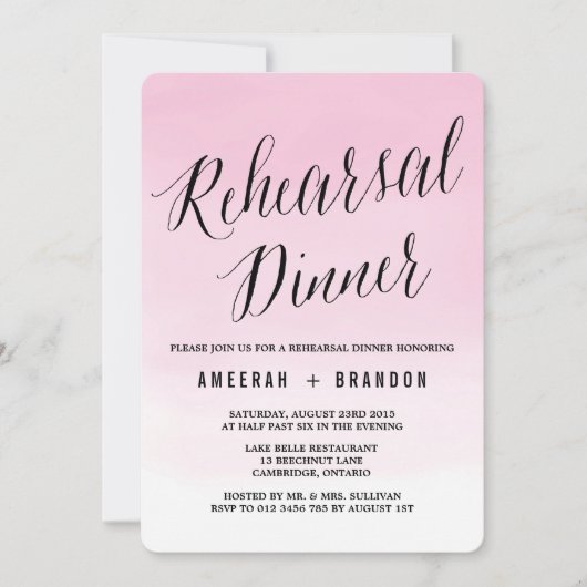 Blush Waterverf Ombre Rehearsal Dinner Invitation Kaart (Voorkant)