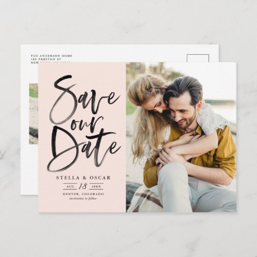 Blush Waterverf penseel kalligrafie Opslaan onze d Aankondigingskaart (Voorkant / Achterkant)