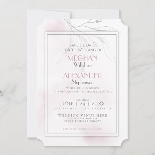 Blush Waterverf Pewter Willow Branch Save The Date (Voorkant)