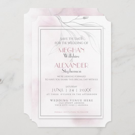 Blush Waterverf Pewter Willow Branch Save The Date (Voorkant / Achterkant)