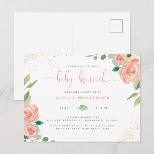 Blush Waterverf pioenen & eucalyptus Baby brunch Uitnodiging Briefkaart (Voorkant / Achterkant)