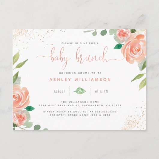 Blush Waterverf pioenen & eucalyptus Baby brunch Uitnodiging Briefkaart (Voorkant)