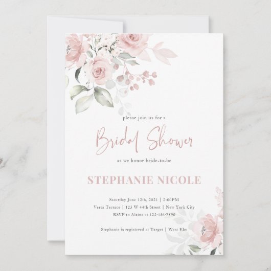 Blush Waterverf Roos Bridal Shower Invitation Kaart (Voorkant)