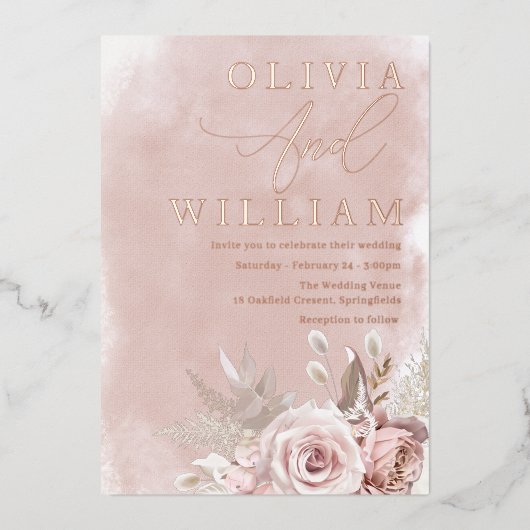 Blush Waterverf Roze gouden bruiloft Folie Uitnodiging (Voorkant)