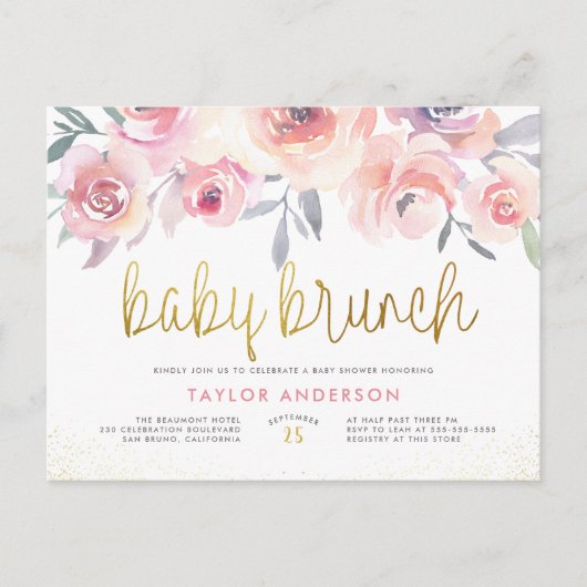 Blush Waterverf Rozen Greenery Baby Brunch Shower Uitnodiging Briefkaart (Voorkant)