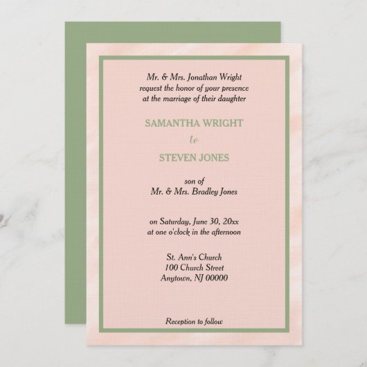 Blush Waterverf Sage Green Wedding Invitation Kaart (Voorkant / Achterkant)